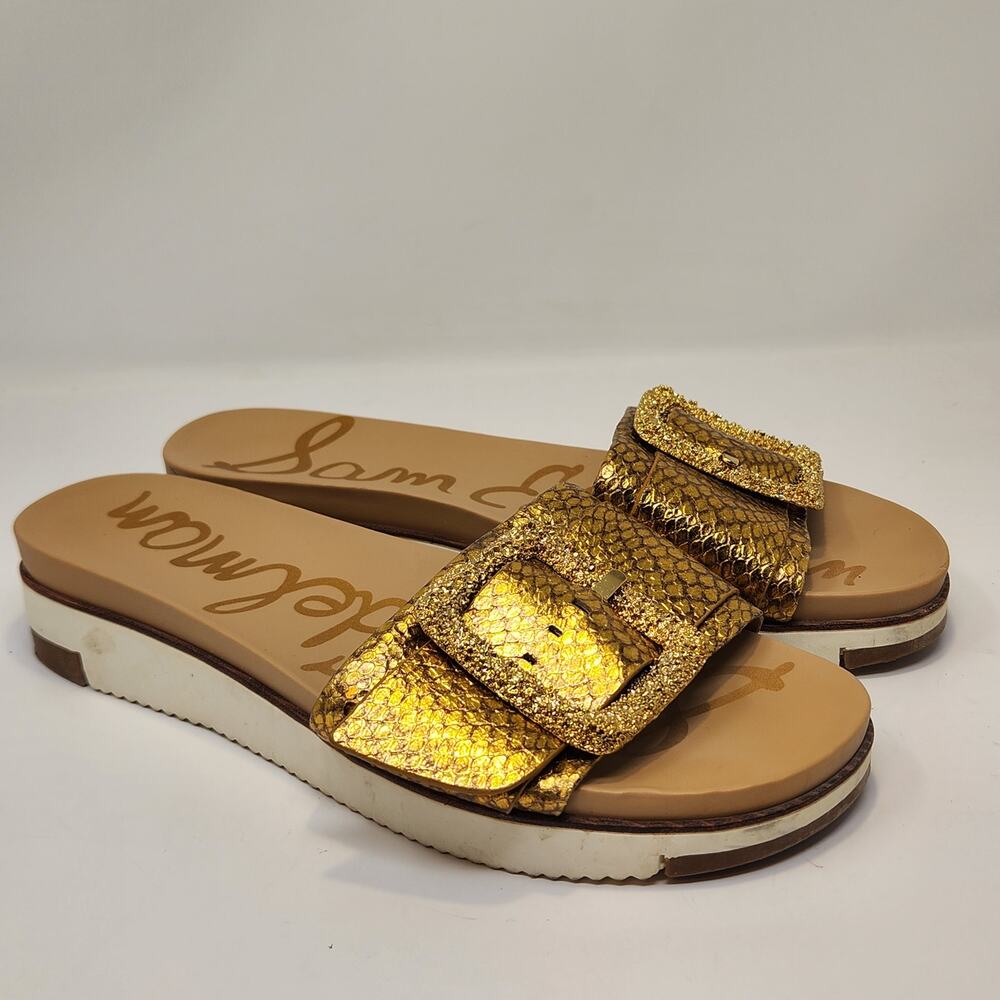 Sam Edelman Gold Metallic Buckle Slide Sandals
